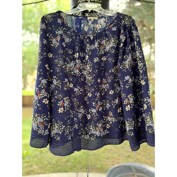 MAX STUDIO XL Navy-Blue Floral Pleated Blouse Long Bell Sleeves Boho Peasant - Picture 3 of 10